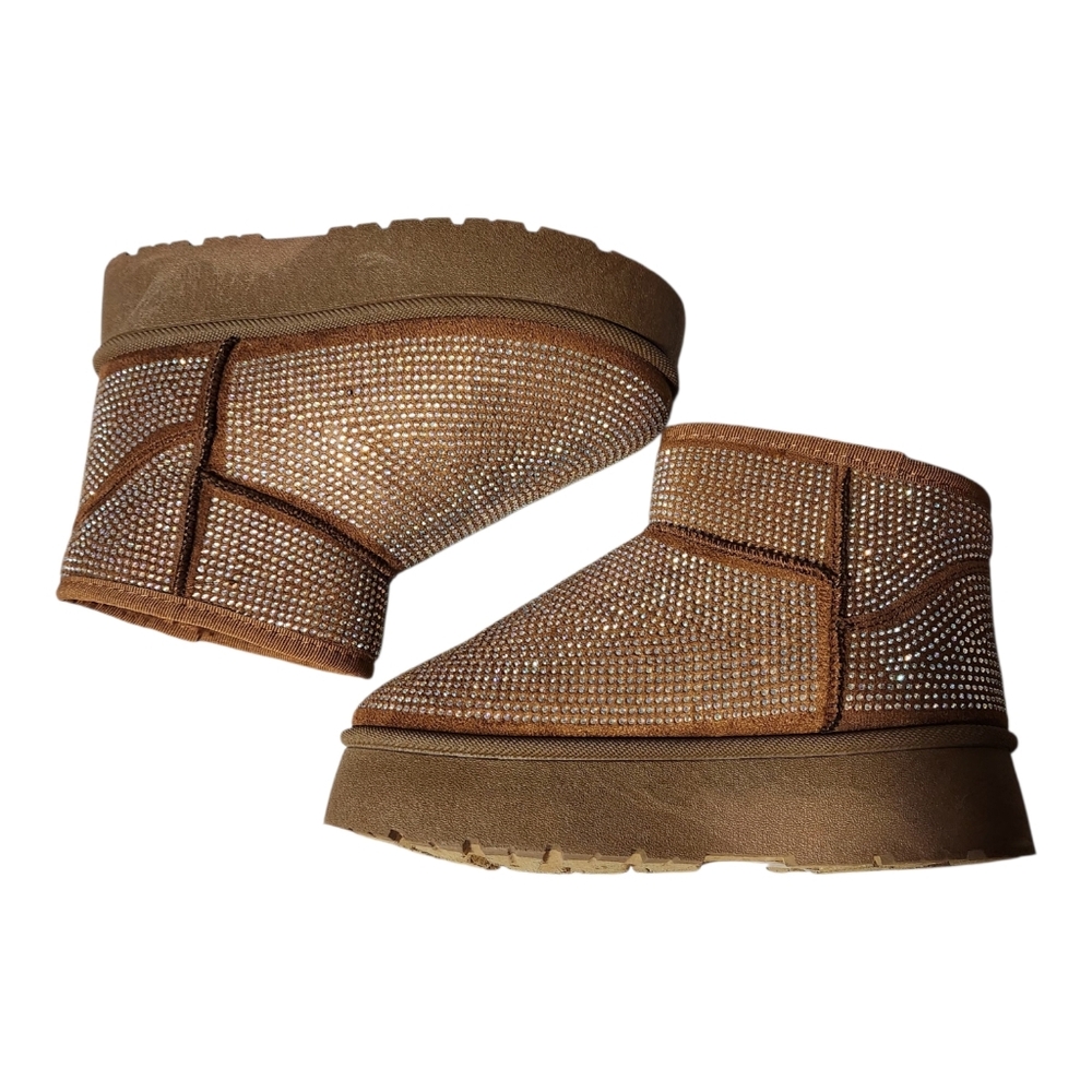 Yoki Rhinestone Womens Sz 6 Platform Bootie Camel/Taupe Faux Fur Lined Comfort - Picture 3 of 8